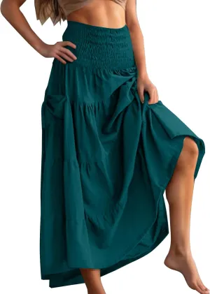 Women Fashion Beach Skirt Summer Solid Boho Flowy Tiered A-Line Skirts Casual Drawstring Elastic Waist Pleated Skirt