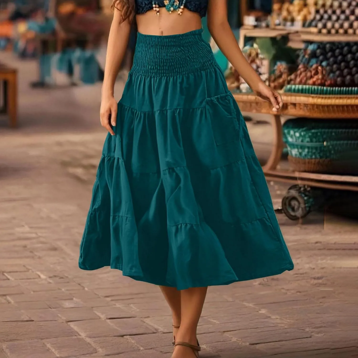 Women Fashion Beach Skirt Summer Solid Boho Flowy Tiered A-Line Skirts Casual Drawstring Elastic Waist Pleated Skirt
