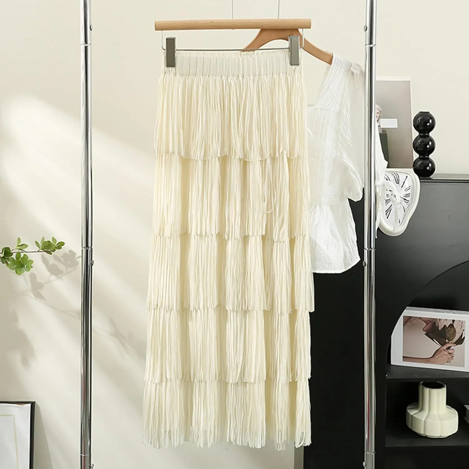 Women Fringe Skirt Solid Color High Waist Mesh Tiered Tassel Midi Skirts 2025 Fashion Elegant Vacation Beach Skorts