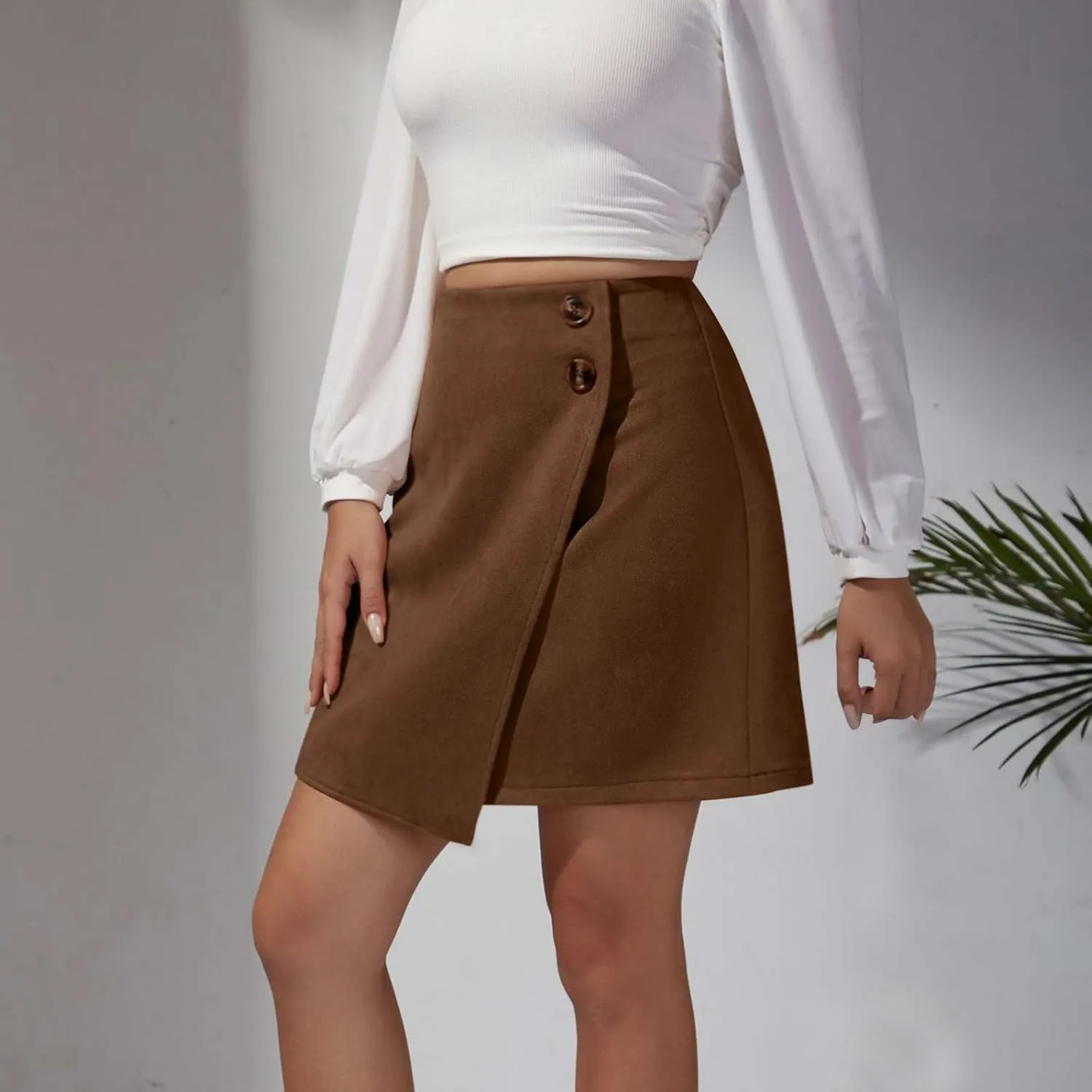 Women High Waisted Mini Skirt Trendy Slim Fit Bodycon Wrap Skirt Button Front Asymmetrical Hem A Line Short Skirt