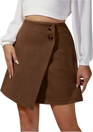 Women High Waisted Mini Skirt Trendy Slim Fit Bodycon Wrap Skirt Button Front Asymmetrical Hem A Line Short Skirt