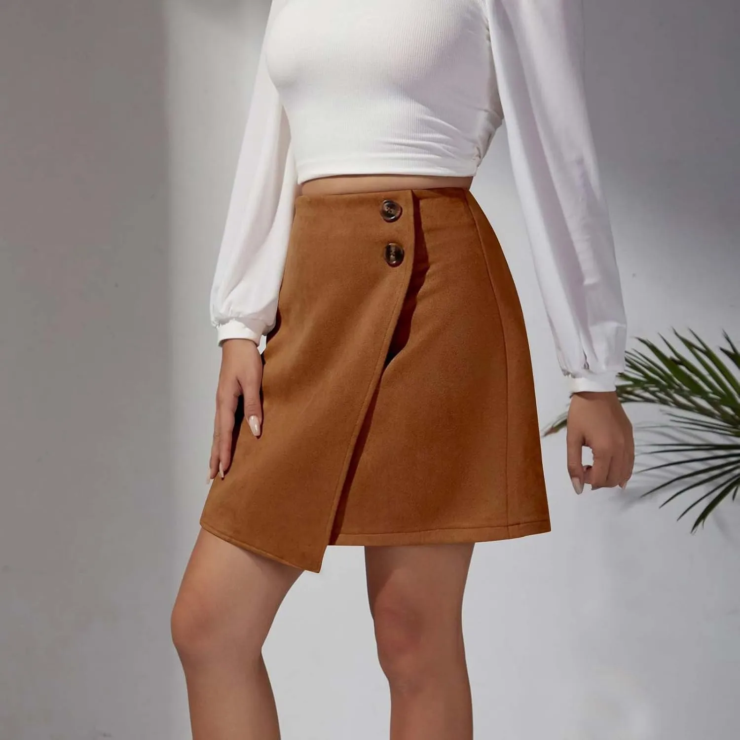 Women High Waisted Mini Skirt Trendy Slim Fit Bodycon Wrap Skirt Button Front Asymmetrical Hem A Line Short Skirt