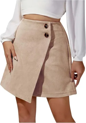 Women High Waisted Mini Skirt Trendy Slim Fit Bodycon Wrap Skirt Button Front Asymmetrical Hem A Line Short Skirt