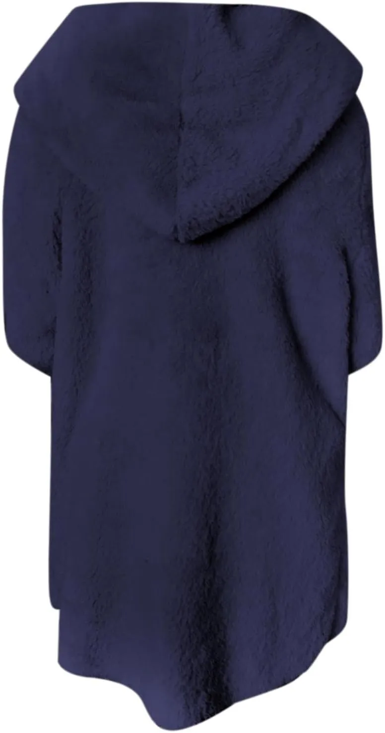 Women Hooded Cardigan Fuzzy Jacket Sherpa Open Front Fleece Coat Warm Shaggy Fleece Tops Faux Fur Coats with Pocket