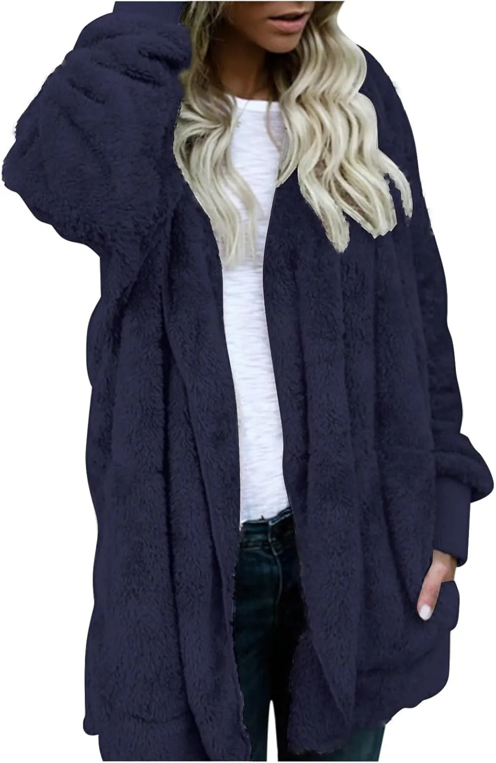 Women Hooded Cardigan Fuzzy Jacket Sherpa Open Front Fleece Coat Warm Shaggy Fleece Tops Faux Fur Coats with Pocket