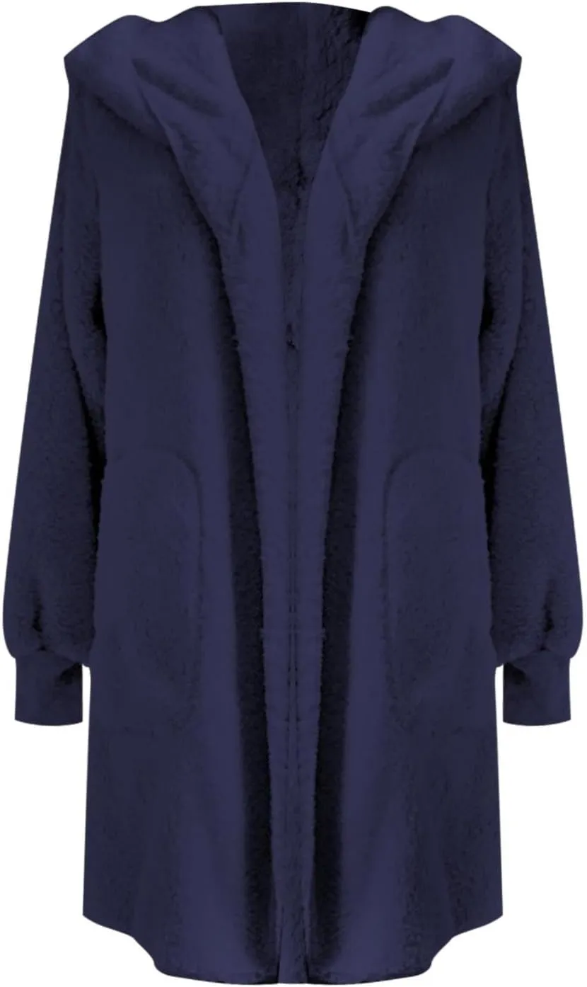 Women Hooded Cardigan Fuzzy Jacket Sherpa Open Front Fleece Coat Warm Shaggy Fleece Tops Faux Fur Coats with Pocket