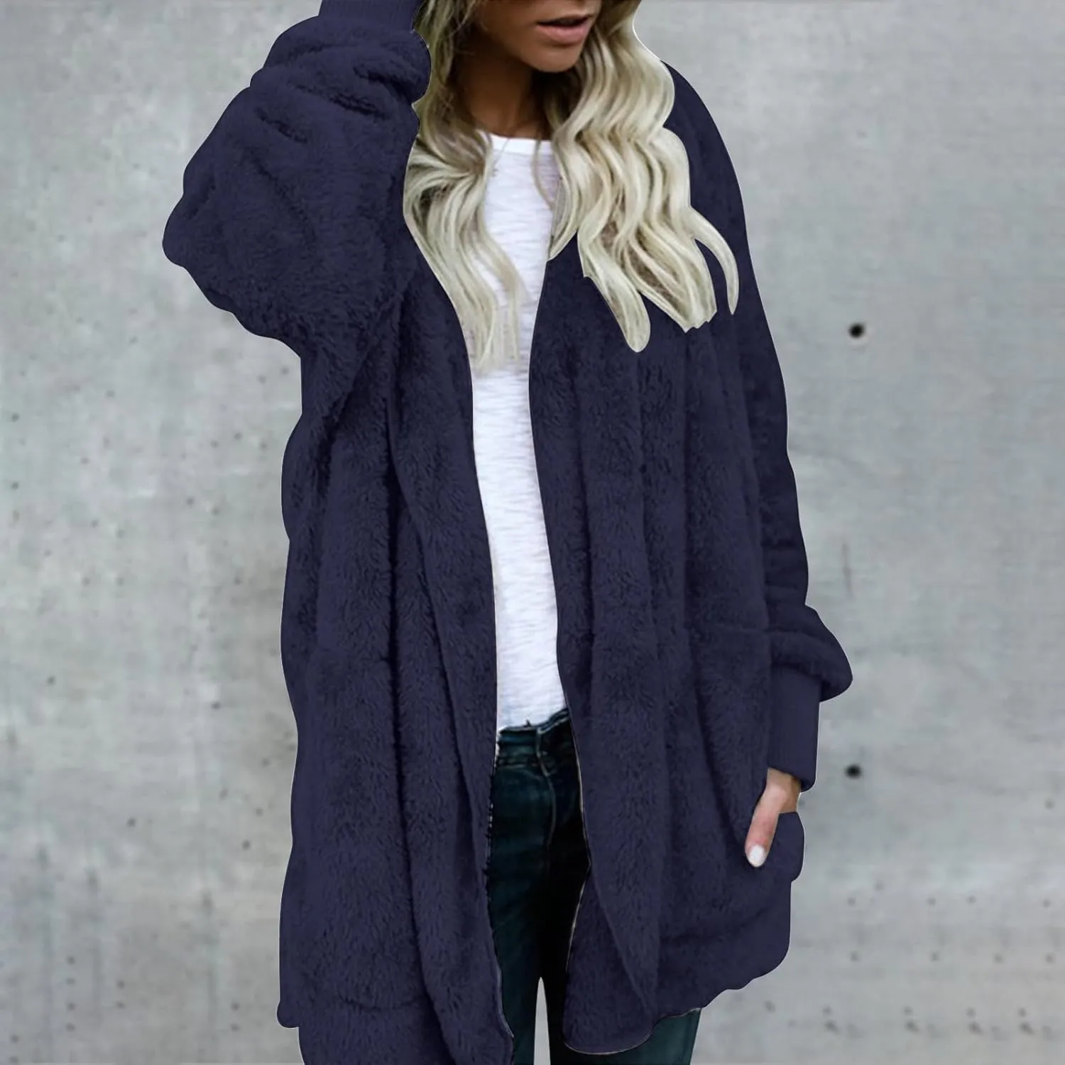 Women Hooded Cardigan Fuzzy Jacket Sherpa Open Front Fleece Coat Warm Shaggy Fleece Tops Faux Fur Coats with Pocket