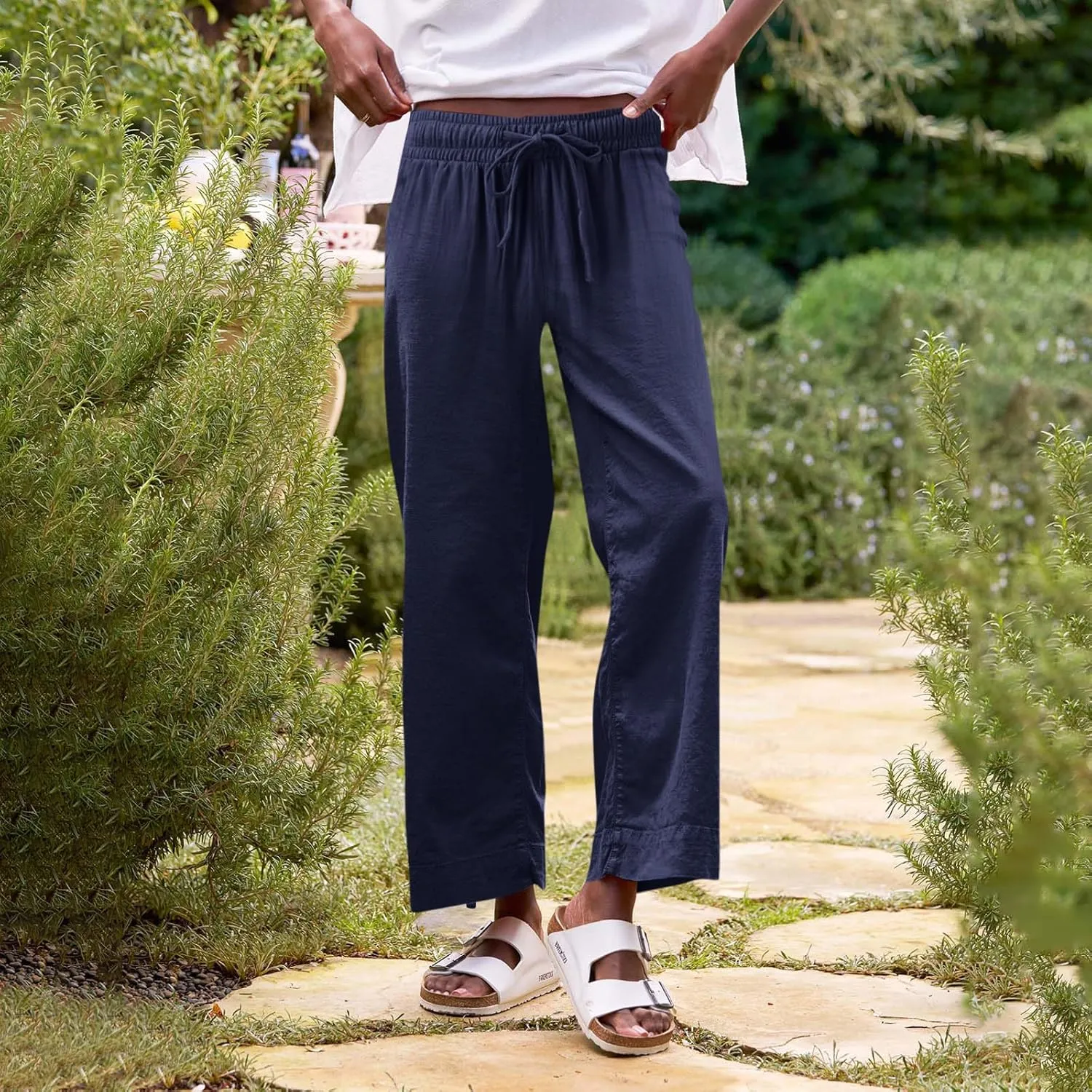 Women Pants Wide Leg Linen High Rise Summer Trendy Pants 2025 Elastic Flowy Palazzo with Pockets Solid Trouser Fashion