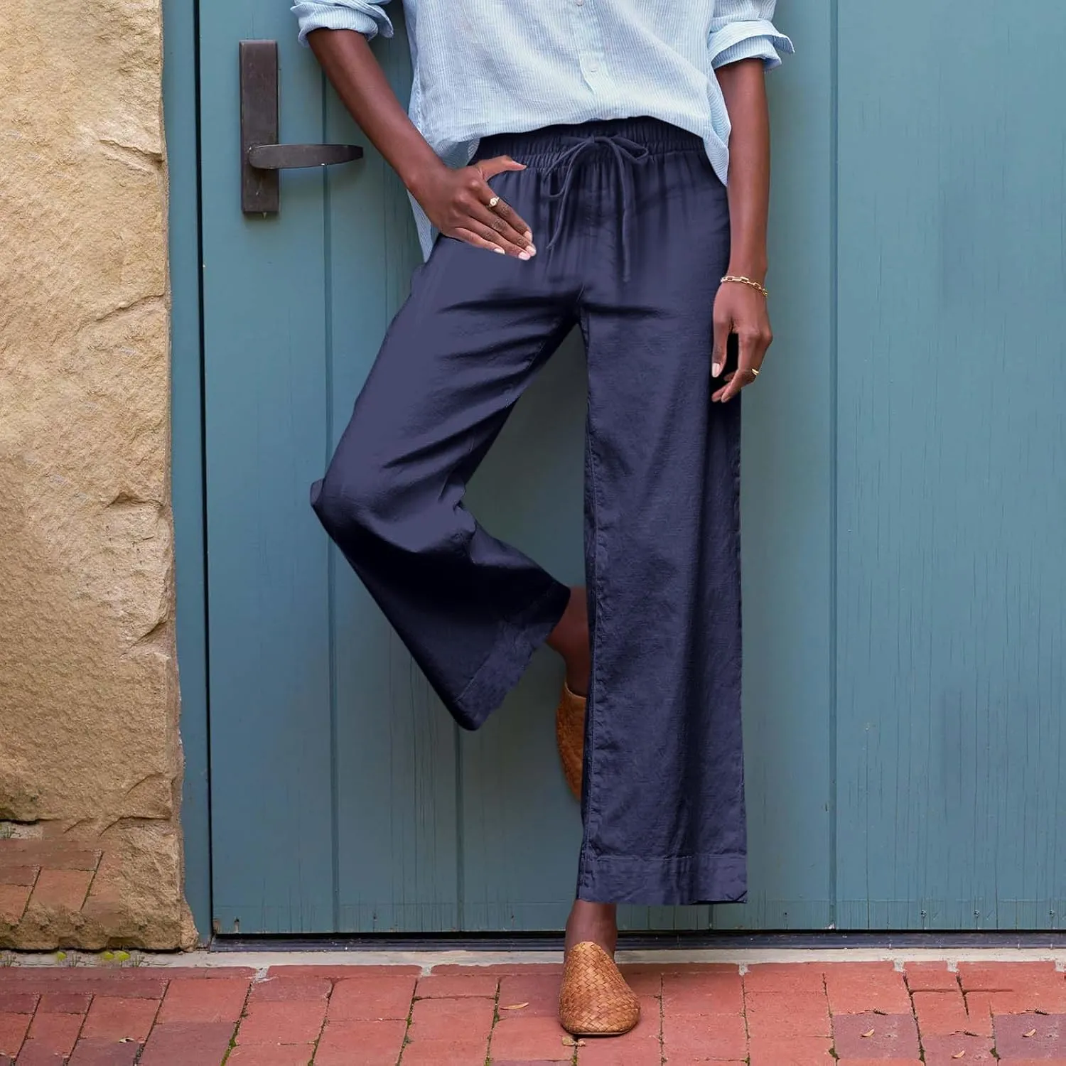 Women Pants Wide Leg Linen High Rise Summer Trendy Pants 2025 Elastic Flowy Palazzo with Pockets Solid Trouser Fashion