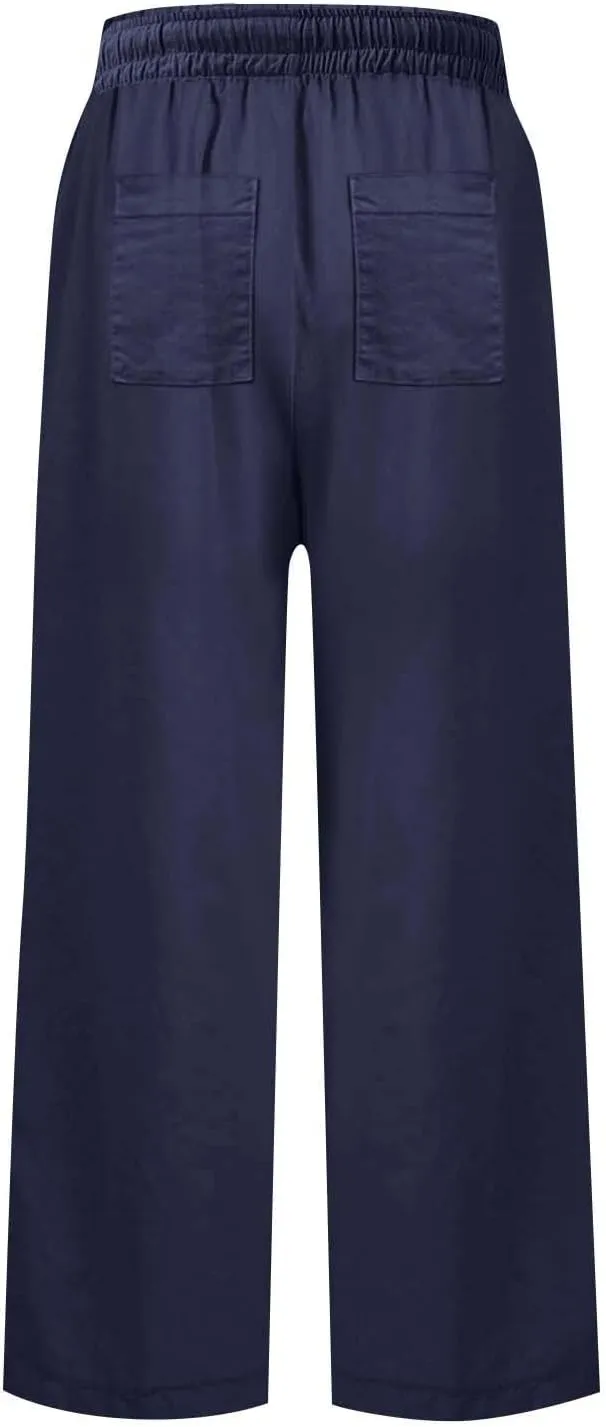 Women Pants Wide Leg Linen High Rise Summer Trendy Pants 2025 Elastic Flowy Palazzo with Pockets Solid Trouser Fashion