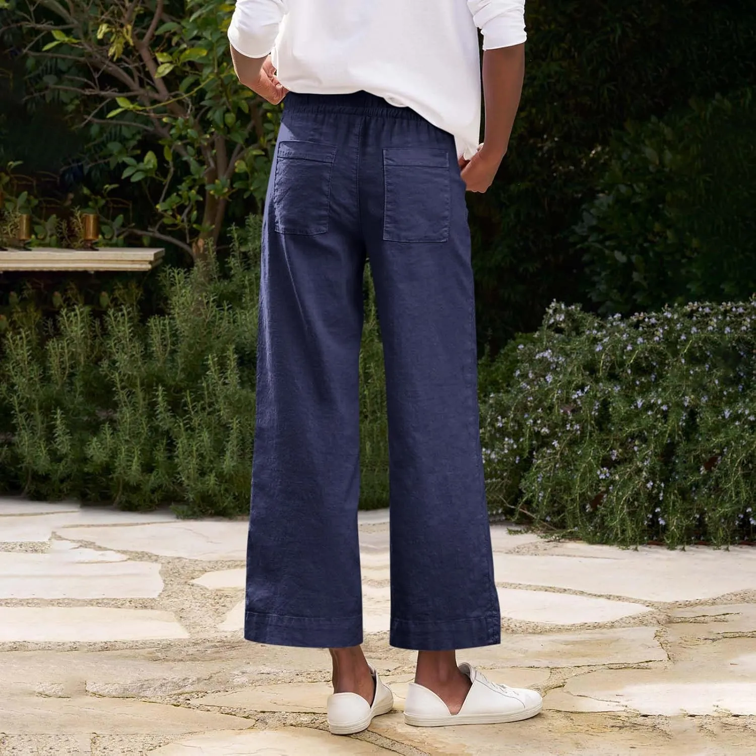 Women Pants Wide Leg Linen High Rise Summer Trendy Pants 2025 Elastic Flowy Palazzo with Pockets Solid Trouser Fashion