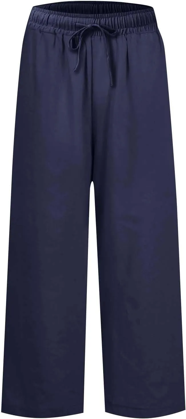 Women Pants Wide Leg Linen High Rise Summer Trendy Pants 2025 Elastic Flowy Palazzo with Pockets Solid Trouser Fashion
