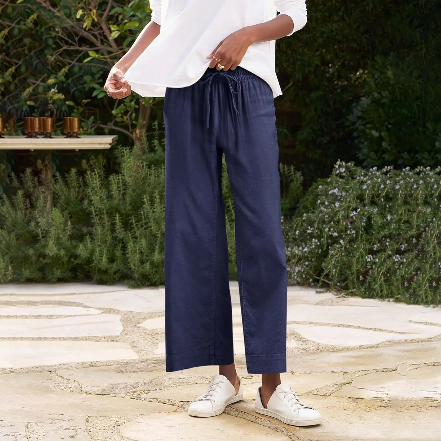 Women Pants Wide Leg Linen High Rise Summer Trendy Pants 2025 Elastic Flowy Palazzo with Pockets Solid Trouser Fashion
