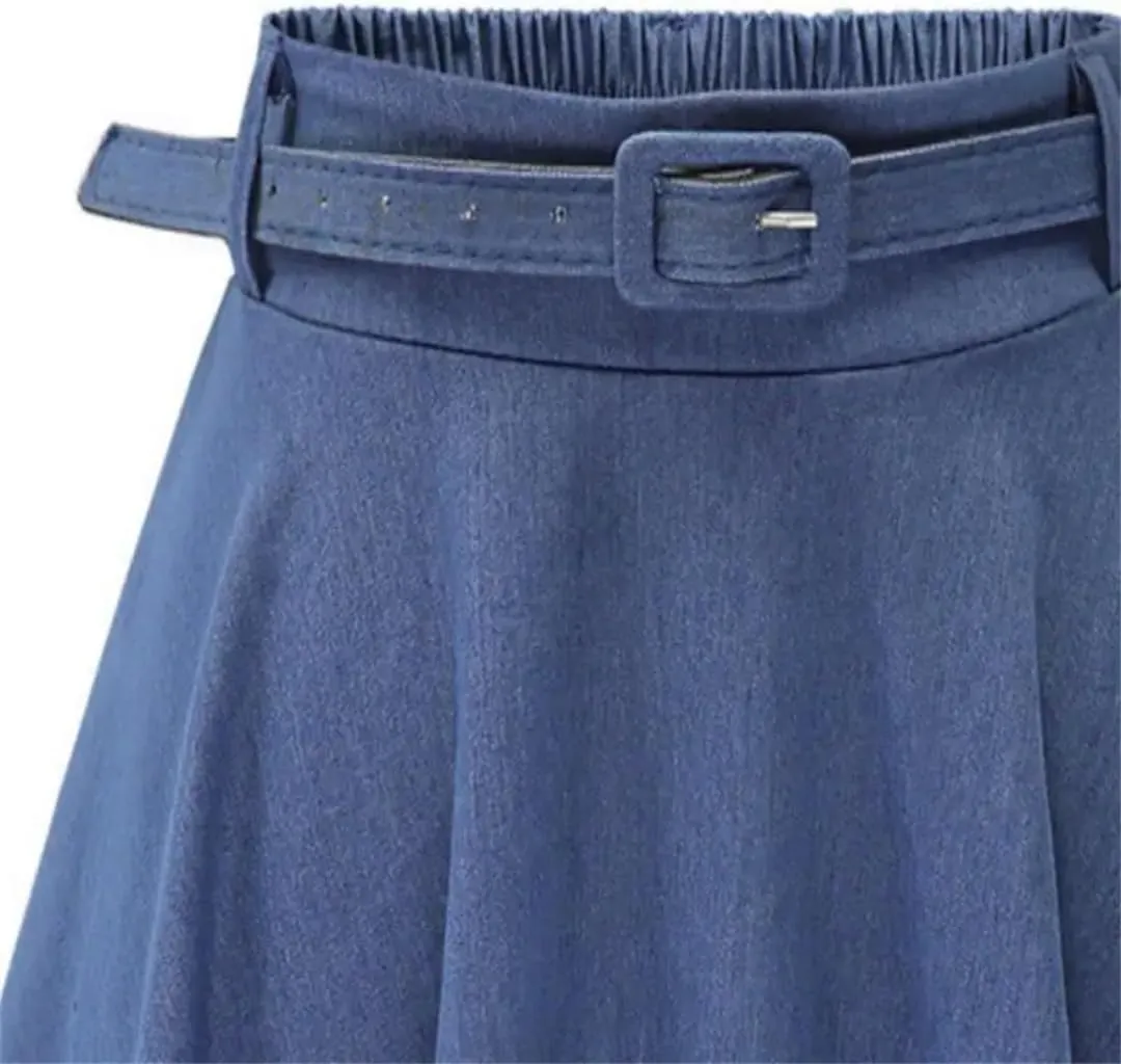 Women Pleated A-Line Midi Skirt Elastic Waist Button Front Flared Long Skirts with Belt