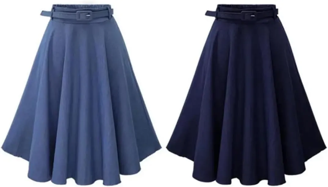 Women Pleated A-Line Midi Skirt Elastic Waist Button Front Flared Long Skirts with Belt