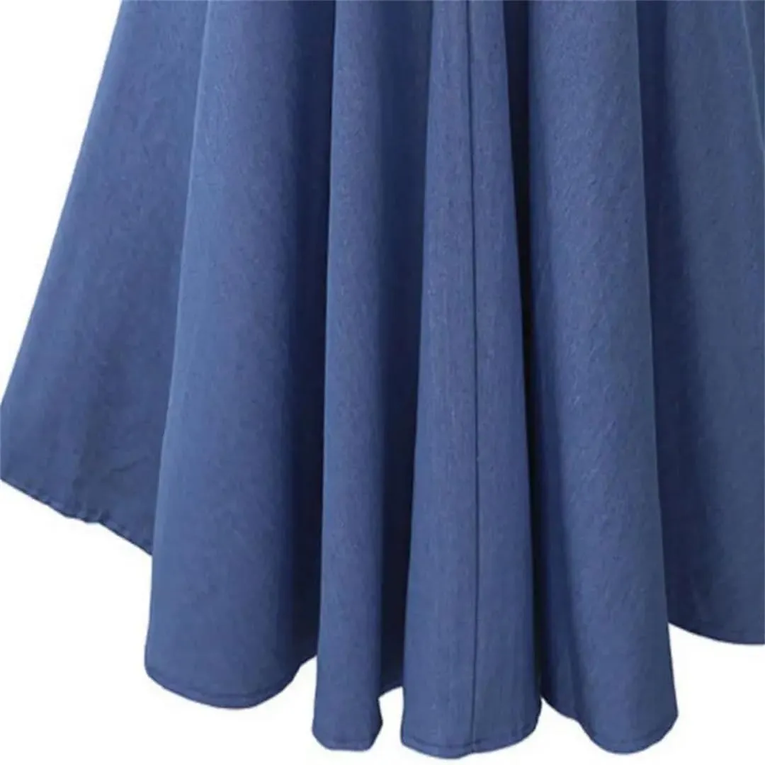 Women Pleated A-Line Midi Skirt Elastic Waist Button Front Flared Long Skirts with Belt