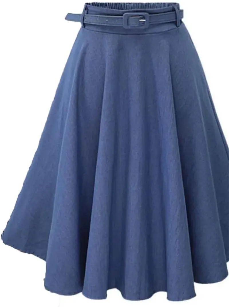 Women Pleated A-Line Midi Skirt Elastic Waist Button Front Flared Long Skirts with Belt
