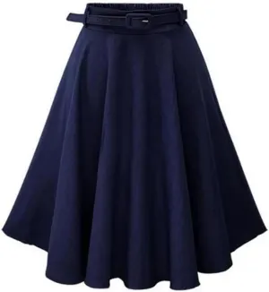 Women Pleated A-Line Midi Skirt Elastic Waist Button Front Flared Long Skirts with Belt