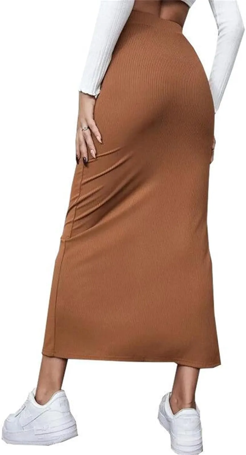 Women Side Split Bodycon Skirt Ribbed Knit Stretch Long Pencil Skirt 2025 Trendy Dressy Work Office Maxi Skirt