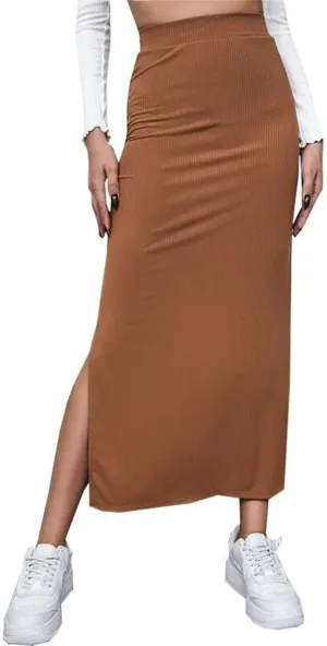 Women Side Split Bodycon Skirt Ribbed Knit Stretch Long Pencil Skirt 2025 Trendy Dressy Work Office Maxi Skirt