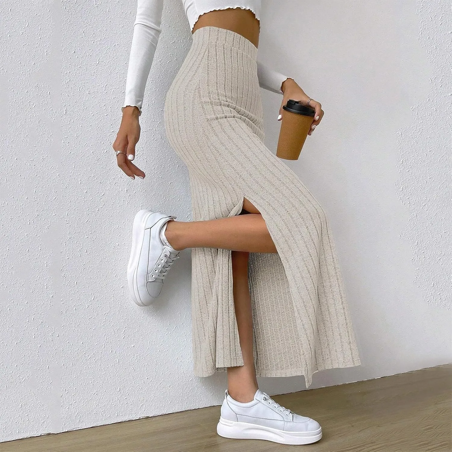 Women Slit Knit Maxi Skirts High Waisted Stretchy Striped Slim Fit 2025 Summer Casual Work Office Pencil Long Skirts