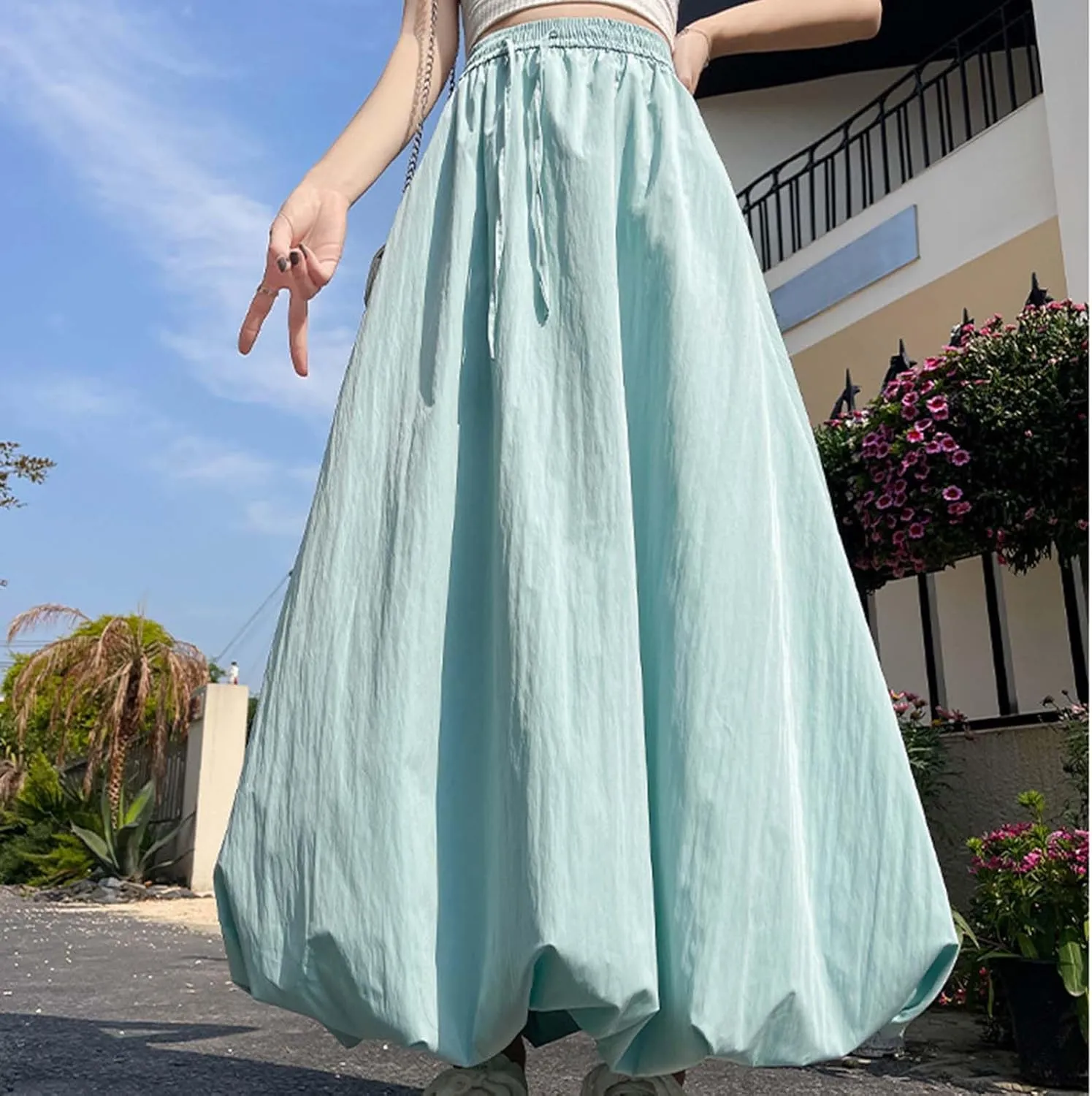 Women Solid Color Basic Bloomer Skirt, Summer Lightweight Comfy A-line Long Skirts Fashion Tie Drawstring Casual Clothes