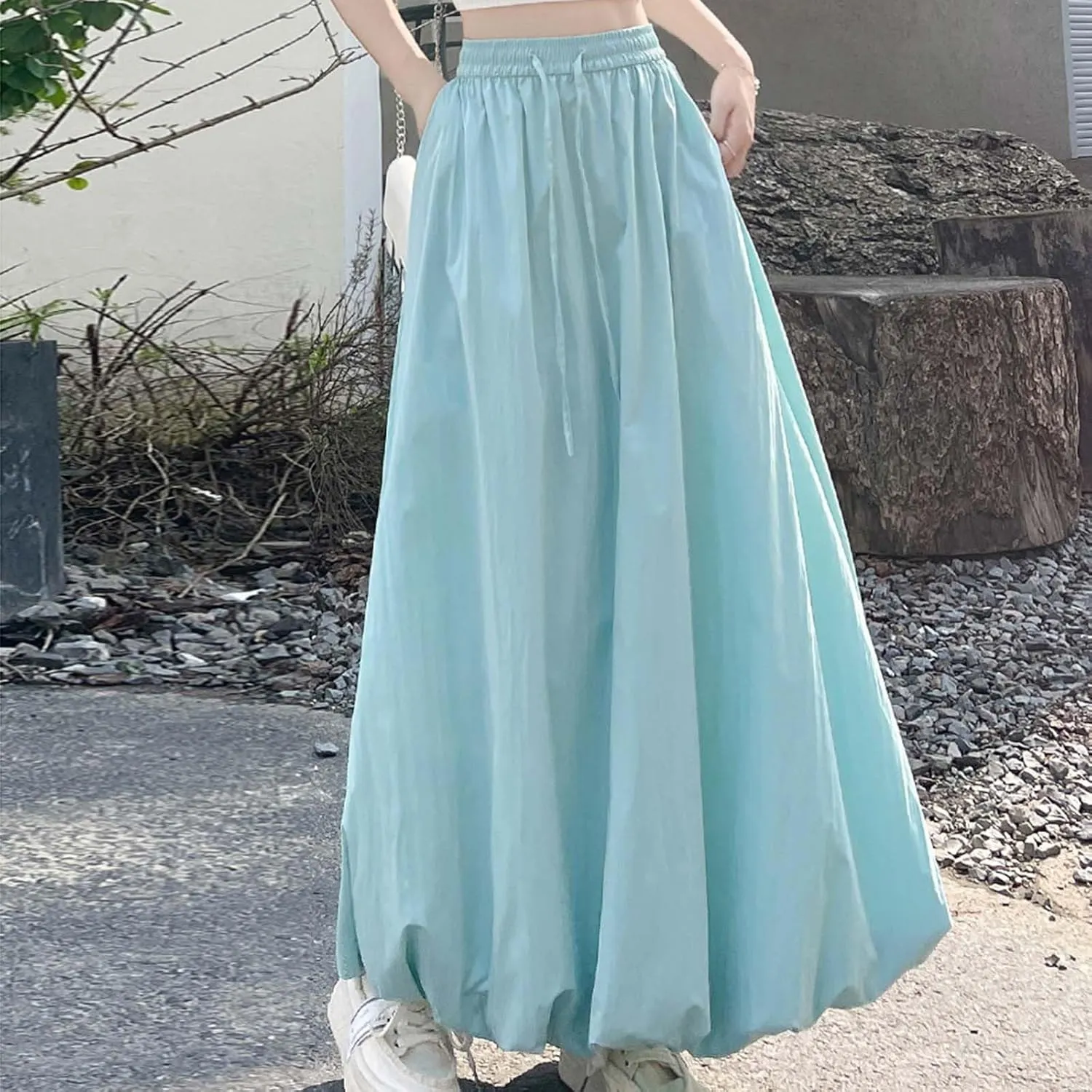 Women Solid Color Basic Bloomer Skirt, Summer Lightweight Comfy A-line Long Skirts Fashion Tie Drawstring Casual Clothes