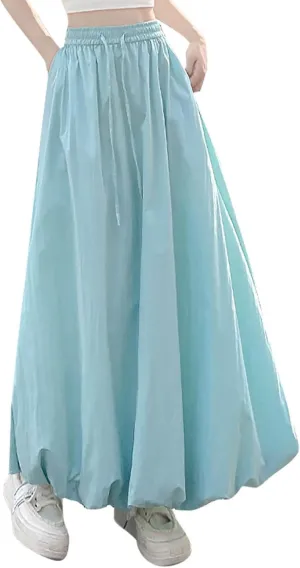 Women Solid Color Basic Bloomer Skirt, Summer Lightweight Comfy A-line Long Skirts Fashion Tie Drawstring Casual Clothes