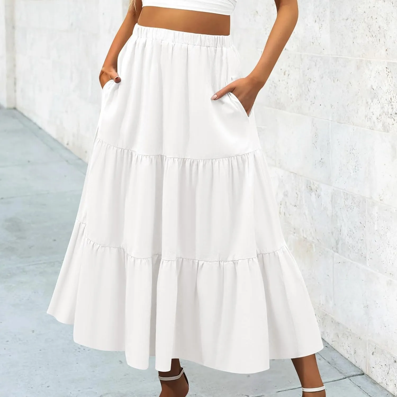 Women Summer Boho Flowy Swing Tiered A-Line Midi Skirt 2025 Fashion Elastic Waist Pleated Long Beach Dress with Pocket