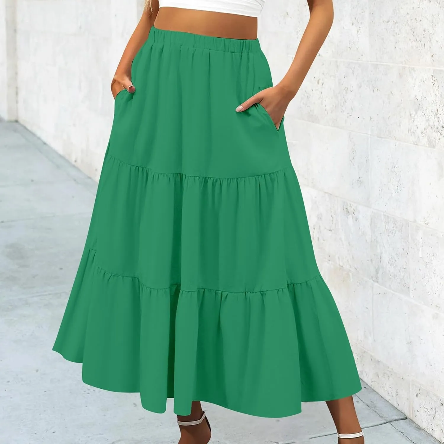 Women Summer Boho Flowy Swing Tiered A-Line Midi Skirt 2025 Fashion Elastic Waist Pleated Long Beach Dress with Pocket