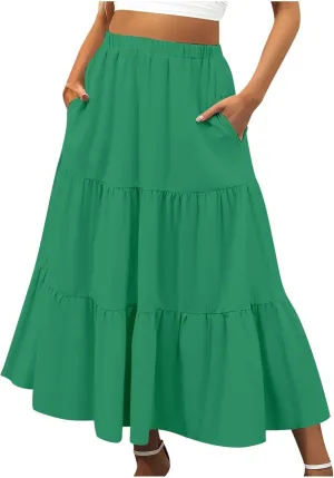 Women Summer Boho Flowy Swing Tiered A-Line Midi Skirt 2025 Fashion Elastic Waist Pleated Long Beach Dress with Pocket