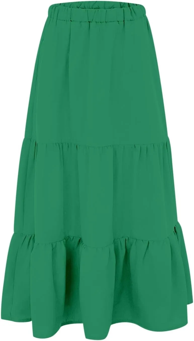Women Summer Boho Flowy Swing Tiered A-Line Midi Skirt 2025 Fashion Elastic Waist Pleated Long Beach Dress with Pocket