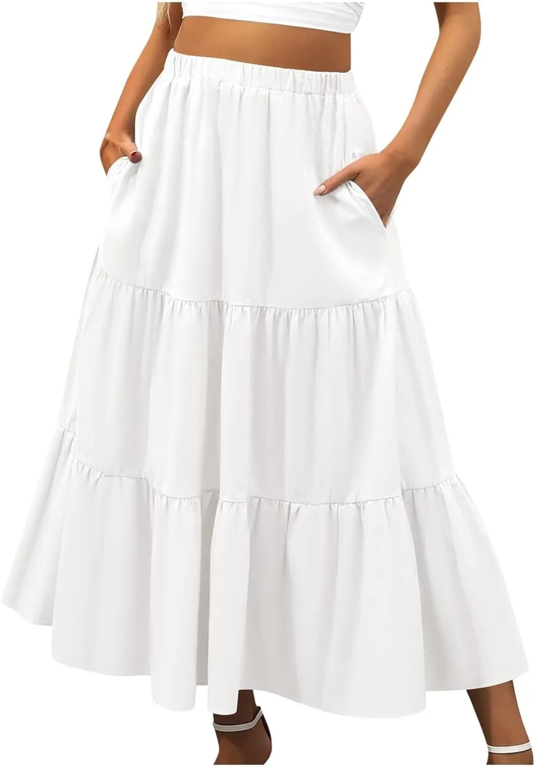 Women Summer Boho Flowy Swing Tiered A-Line Midi Skirt 2025 Fashion Elastic Waist Pleated Long Beach Dress with Pocket