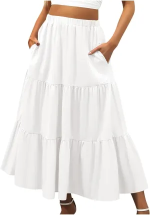 Women Summer Boho Flowy Swing Tiered A-Line Midi Skirt 2025 Fashion Elastic Waist Pleated Long Beach Dress with Pocket