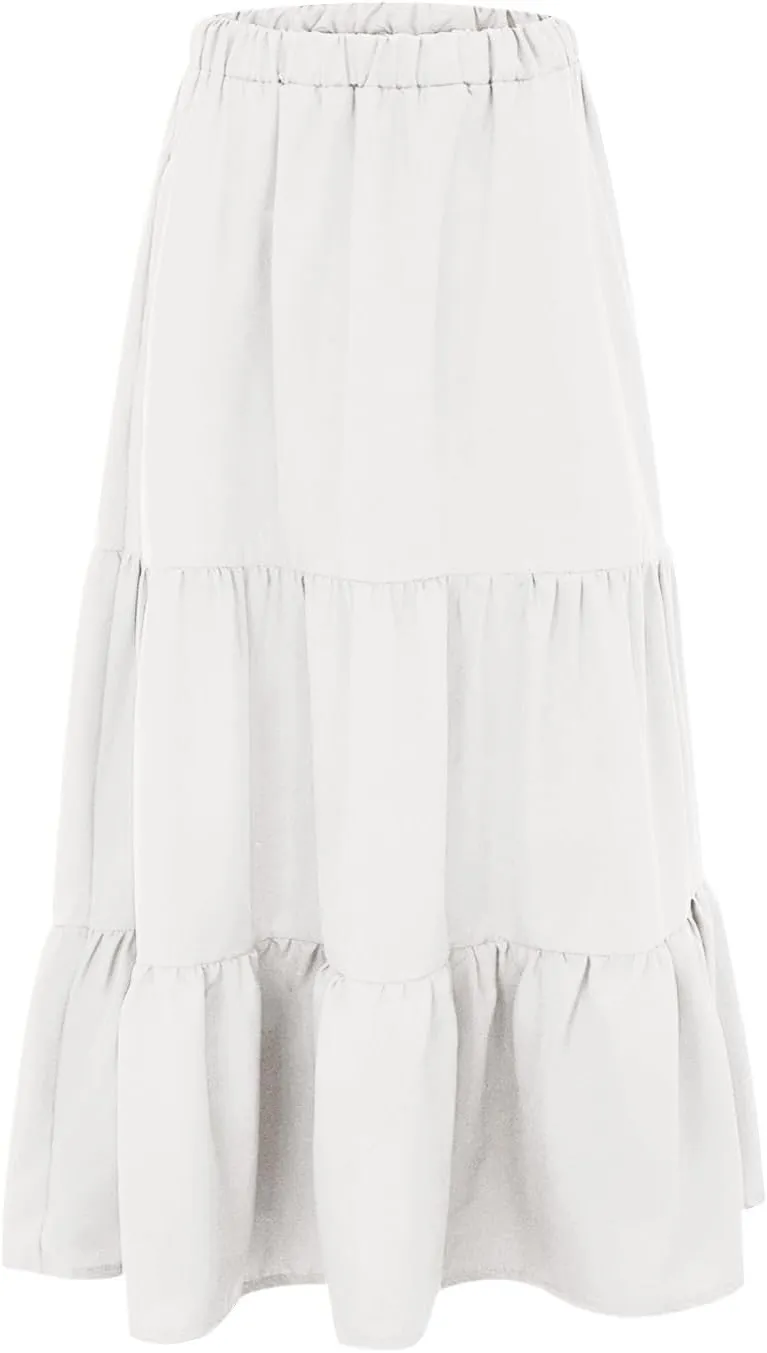 Women Summer Boho Flowy Swing Tiered A-Line Midi Skirt 2025 Fashion Elastic Waist Pleated Long Beach Dress with Pocket