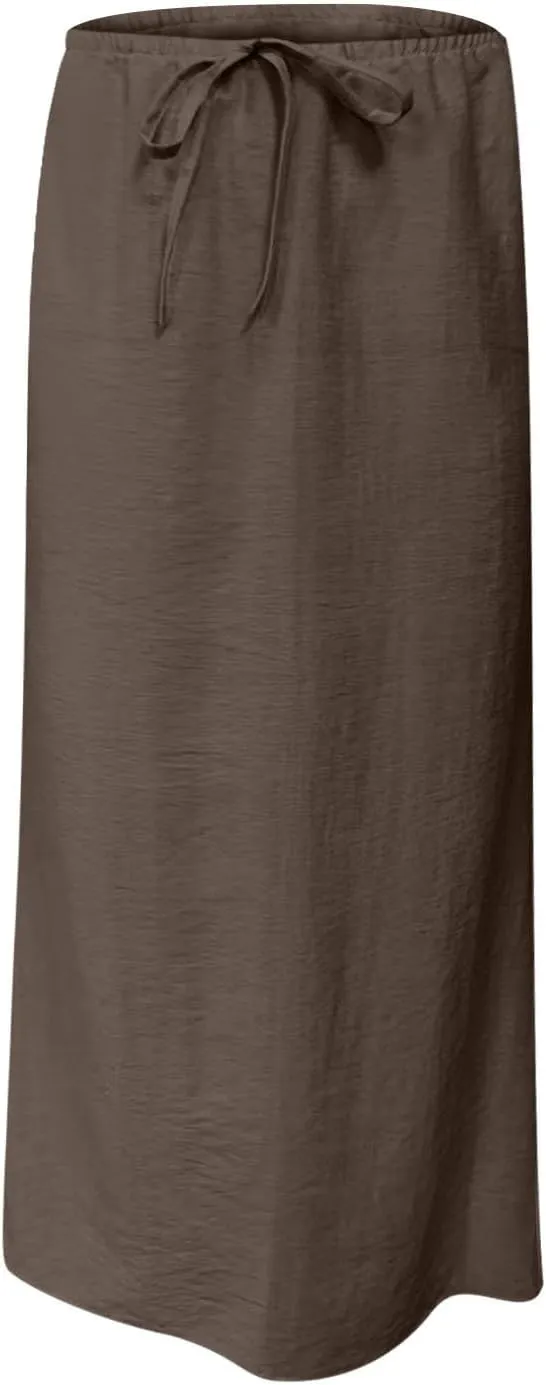 Women Summer Maxi Skorts 2025 Fashion Cotton Linen Elastic Waist Drawstring Skirts Solid Casual Vacation Flowy Skirt