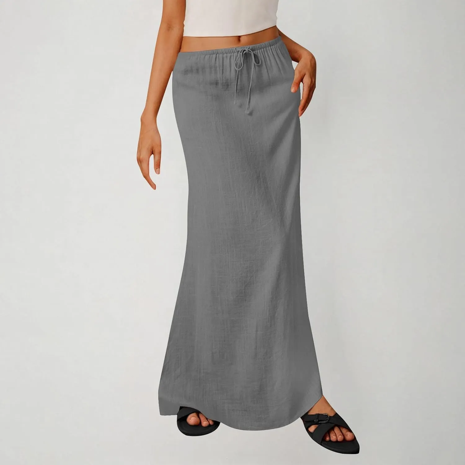 Women Summer Maxi Skorts 2025 Fashion Cotton Linen Elastic Waist Drawstring Skirts Solid Casual Vacation Flowy Skirt