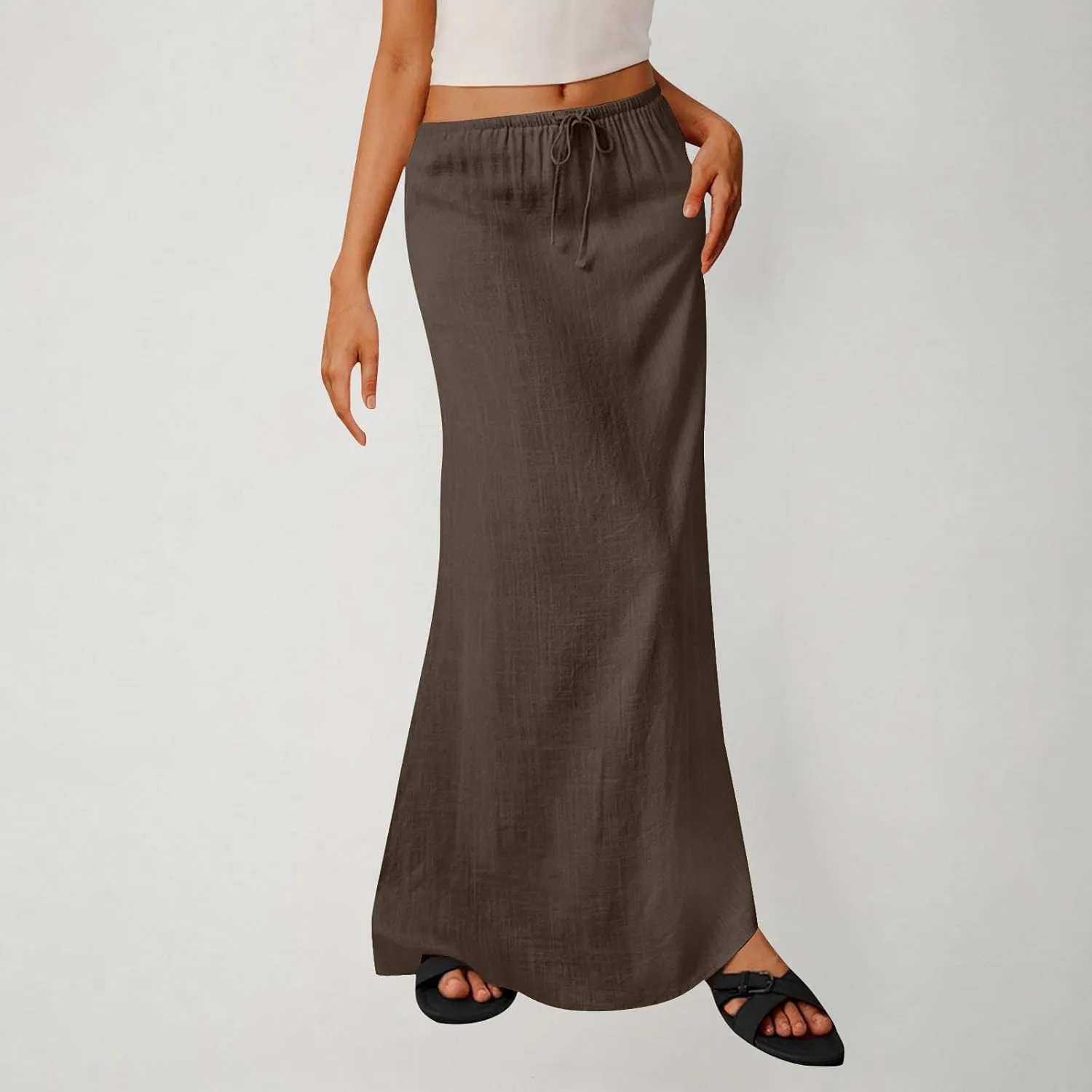Women Summer Maxi Skorts 2025 Fashion Cotton Linen Elastic Waist Drawstring Skirts Solid Casual Vacation Flowy Skirt