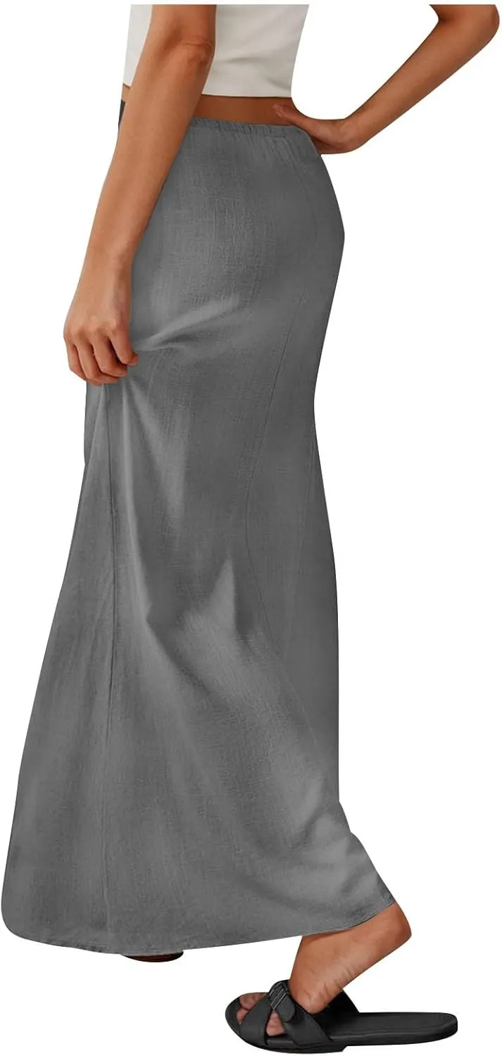 Women Summer Maxi Skorts 2025 Fashion Cotton Linen Elastic Waist Drawstring Skirts Solid Casual Vacation Flowy Skirt