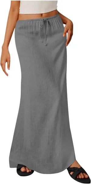 Women Summer Maxi Skorts 2025 Fashion Cotton Linen Elastic Waist Drawstring Skirts Solid Casual Vacation Flowy Skirt