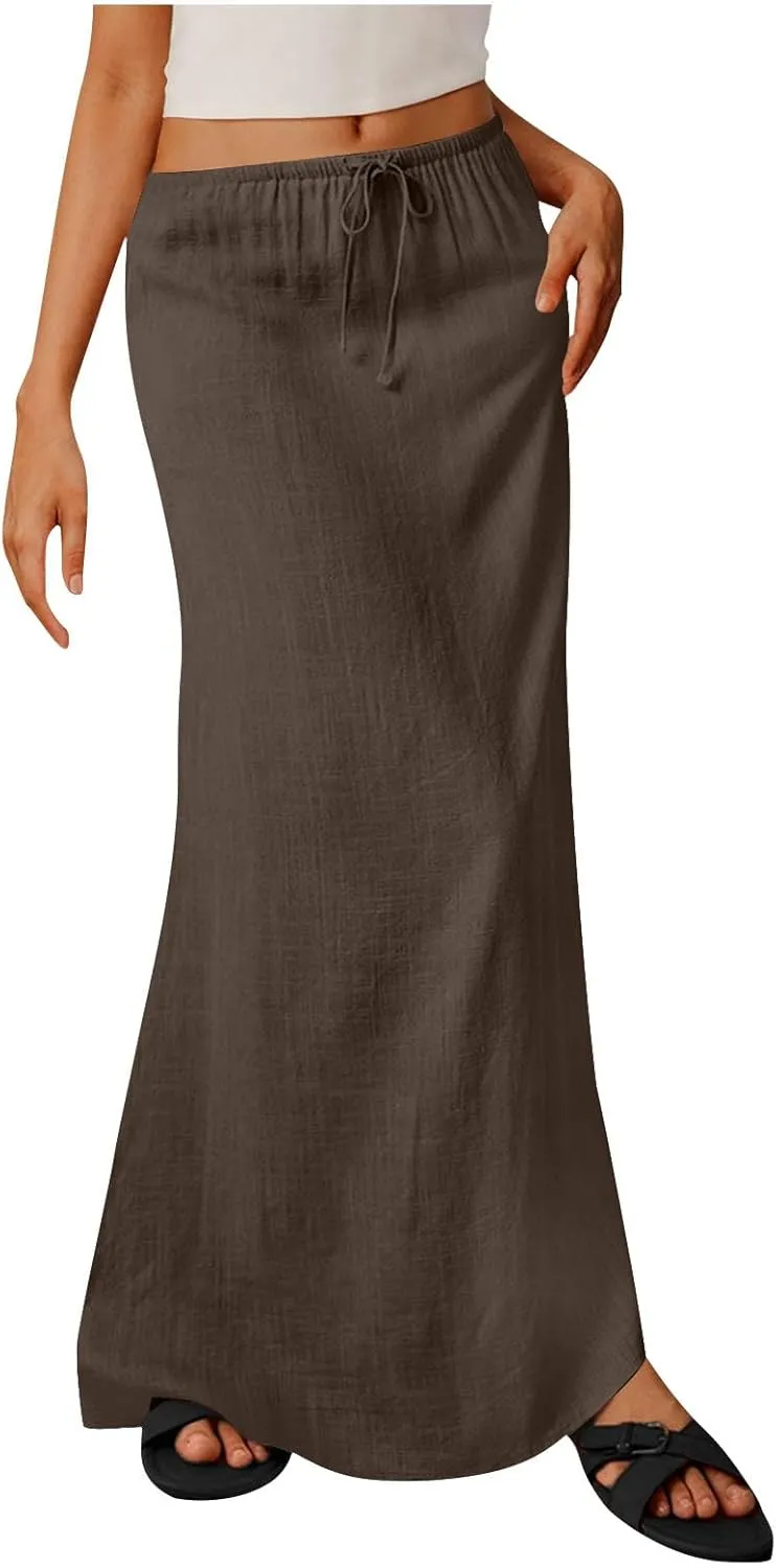 Women Summer Maxi Skorts 2025 Fashion Cotton Linen Elastic Waist Drawstring Skirts Solid Casual Vacation Flowy Skirt