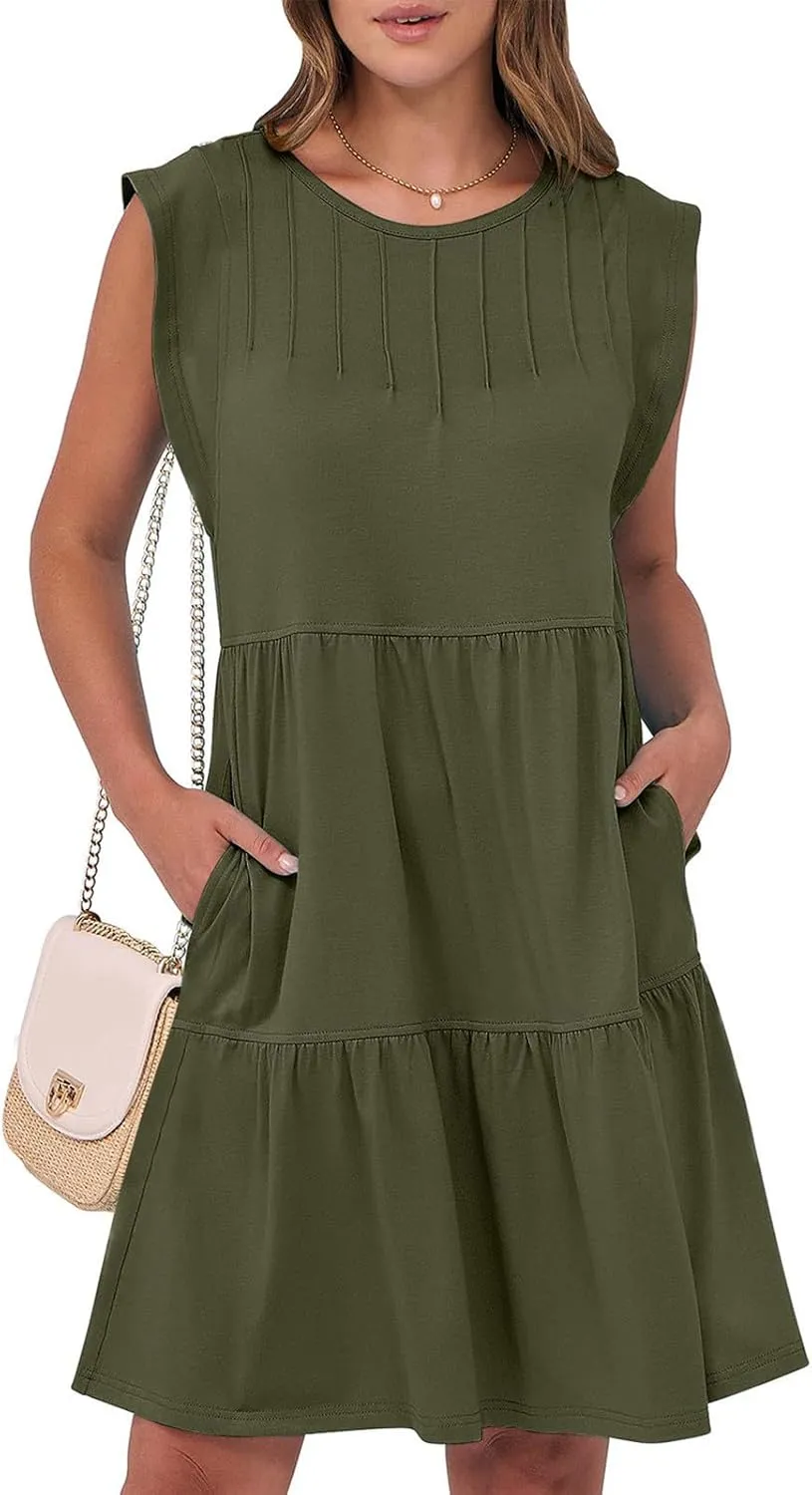 Women Summer Mini Dress Sleeveless Crewneck Casual Flowy Tiered A-line Babydoll Dresses 2025 Fashion Short Beach Dress