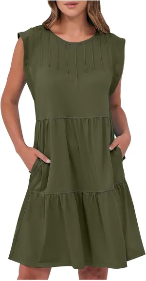Women Summer Mini Dress Sleeveless Crewneck Casual Flowy Tiered A-line Babydoll Dresses 2025 Fashion Short Beach Dress