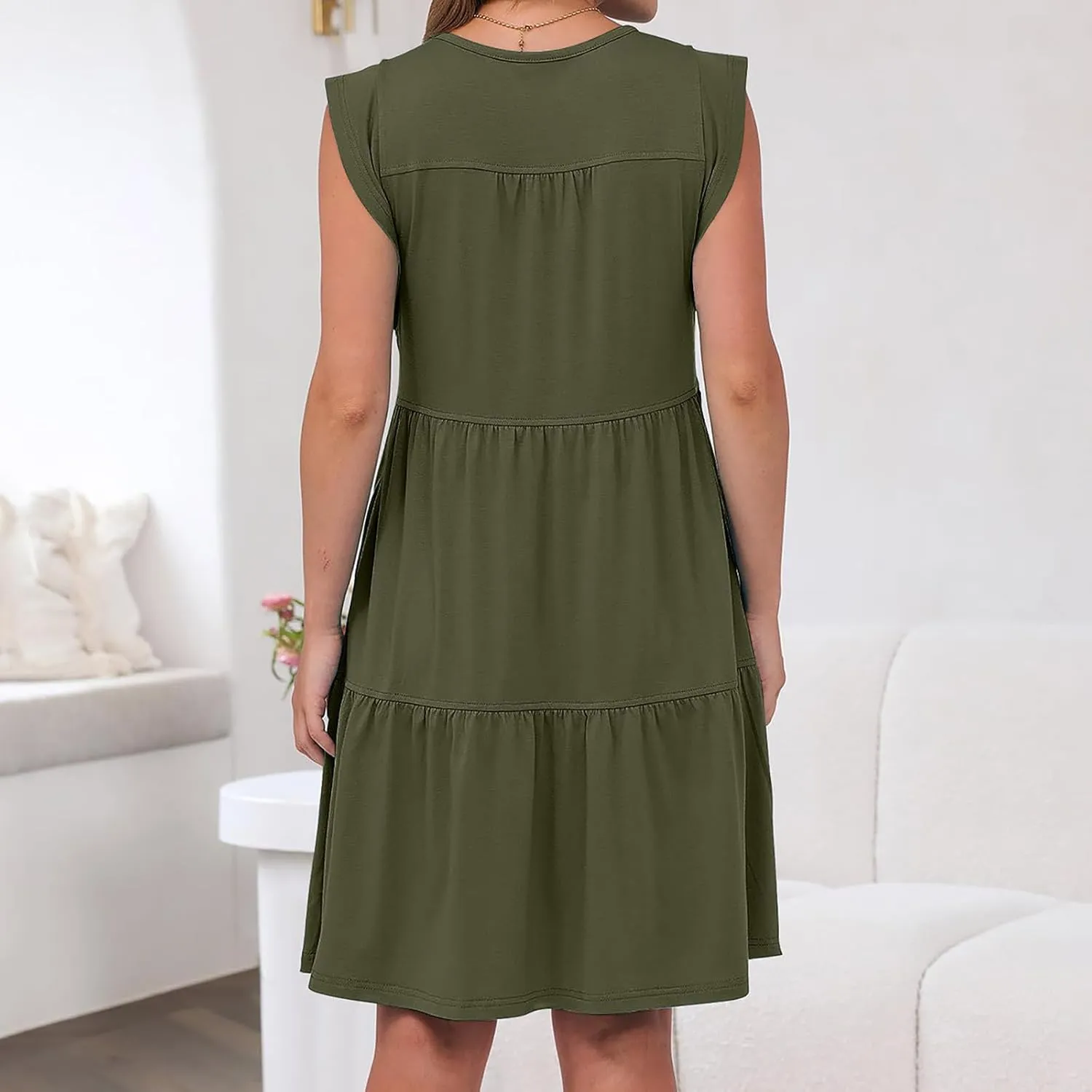 Women Summer Mini Dress Sleeveless Crewneck Casual Flowy Tiered A-line Babydoll Dresses 2025 Fashion Short Beach Dress