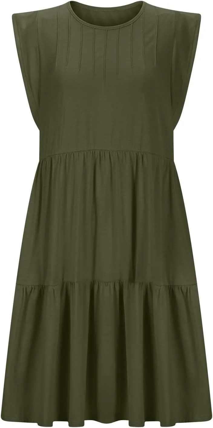 Women Summer Mini Dress Sleeveless Crewneck Casual Flowy Tiered A-line Babydoll Dresses 2025 Fashion Short Beach Dress