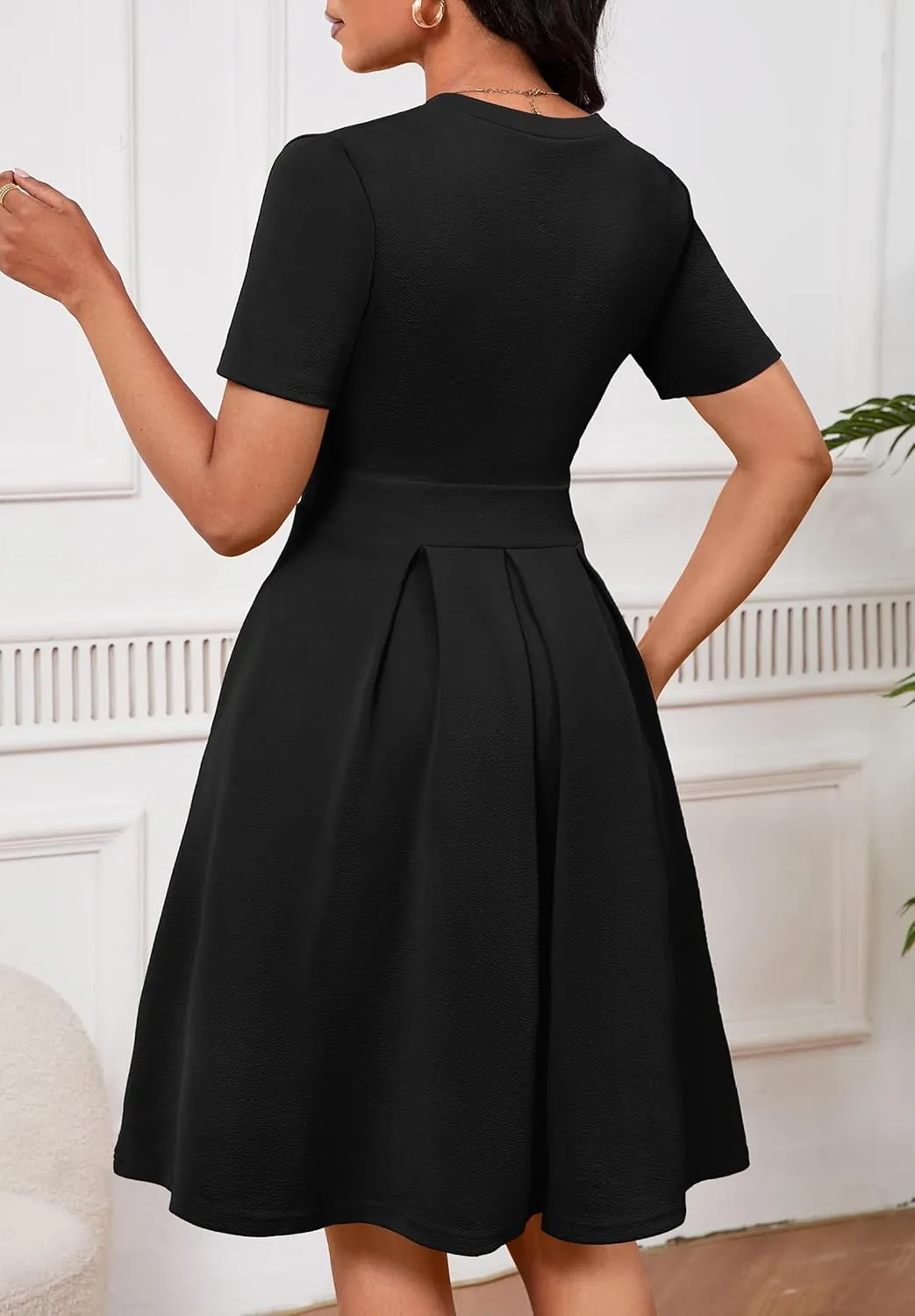 Women Summer Short Sleeve Dress V Neck Semi Casual Fit and Flare Church Wedding Guest Work Dresses with Pockets