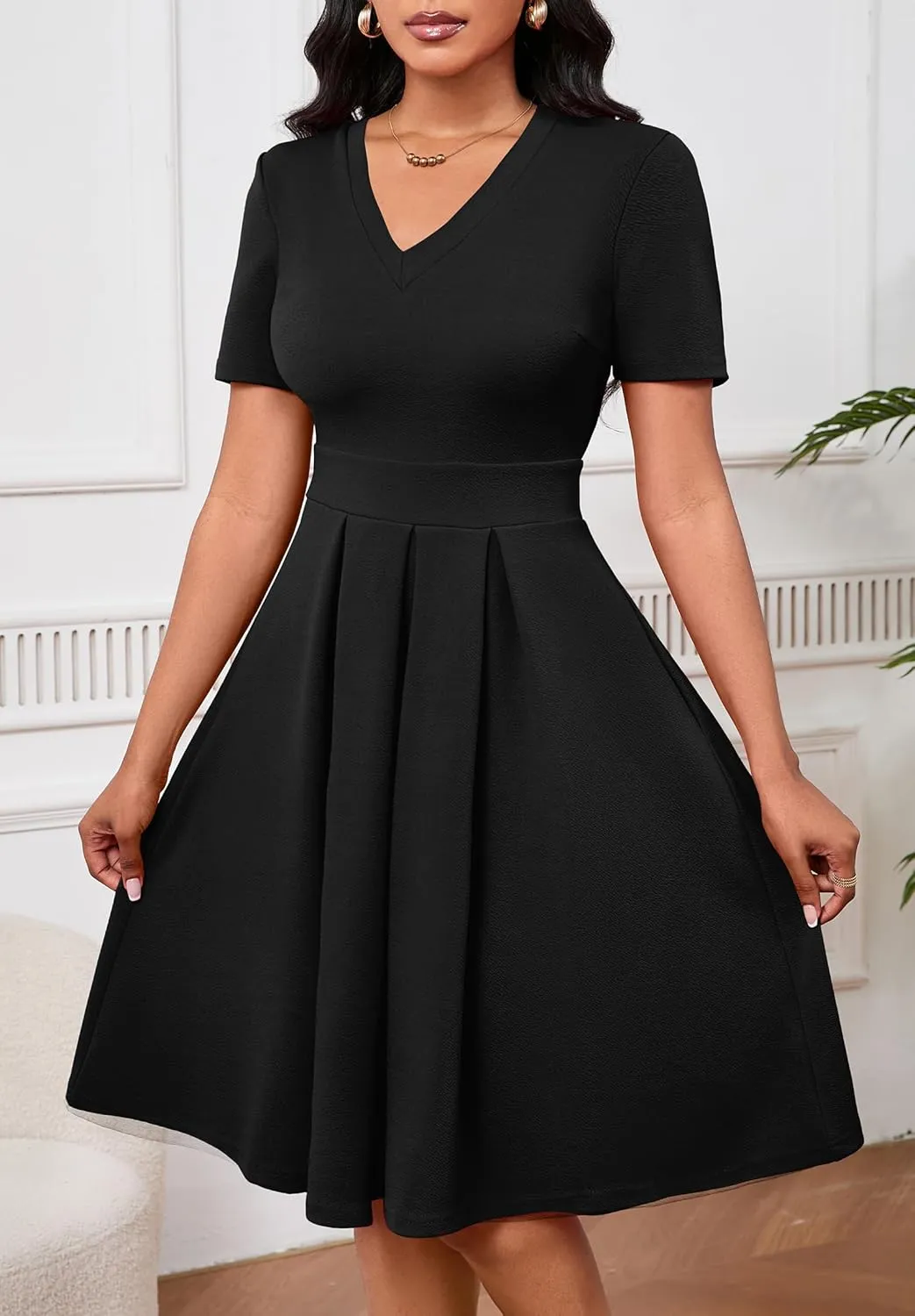 Women Summer Short Sleeve Dress V Neck Semi Casual Fit and Flare Church Wedding Guest Work Dresses with Pockets
