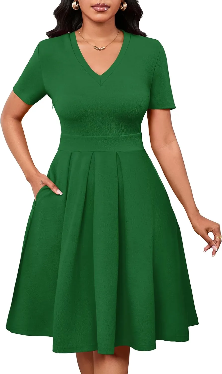 Women Summer Short Sleeve Dress V Neck Semi Casual Fit and Flare Church Wedding Guest Work Dresses with Pockets