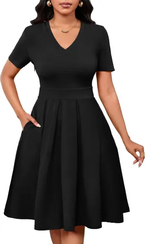 Women Summer Short Sleeve Dress V Neck Semi Casual Fit and Flare Church Wedding Guest Work Dresses with Pockets