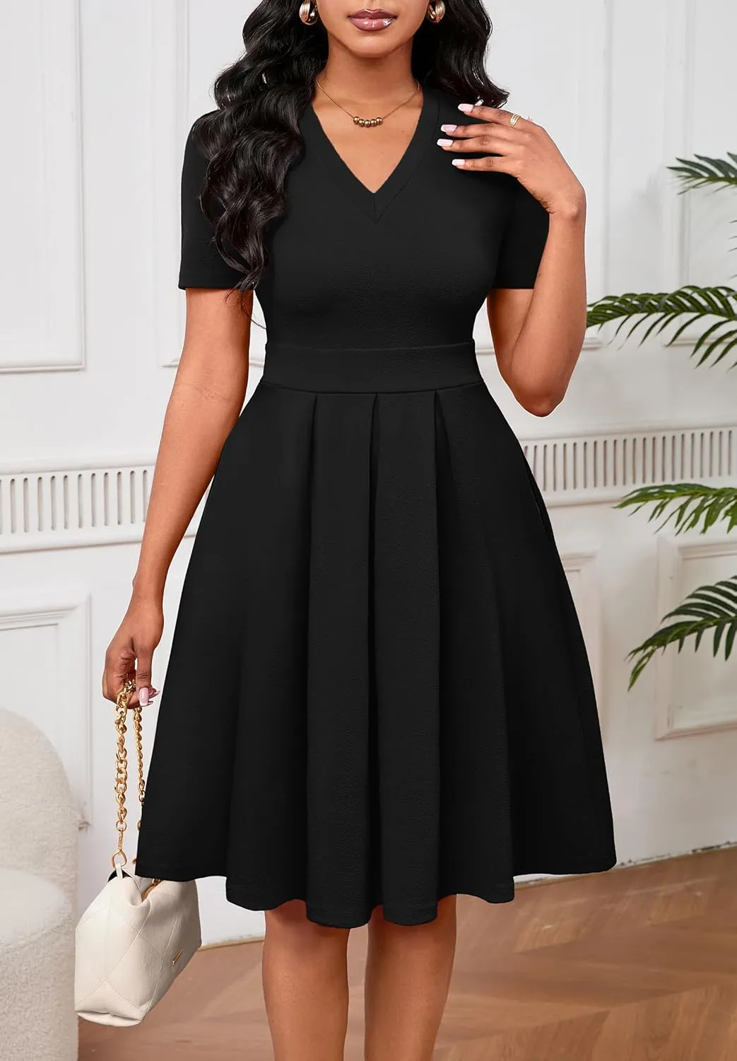 Women Summer Short Sleeve Dress V Neck Semi Casual Fit and Flare Church Wedding Guest Work Dresses with Pockets